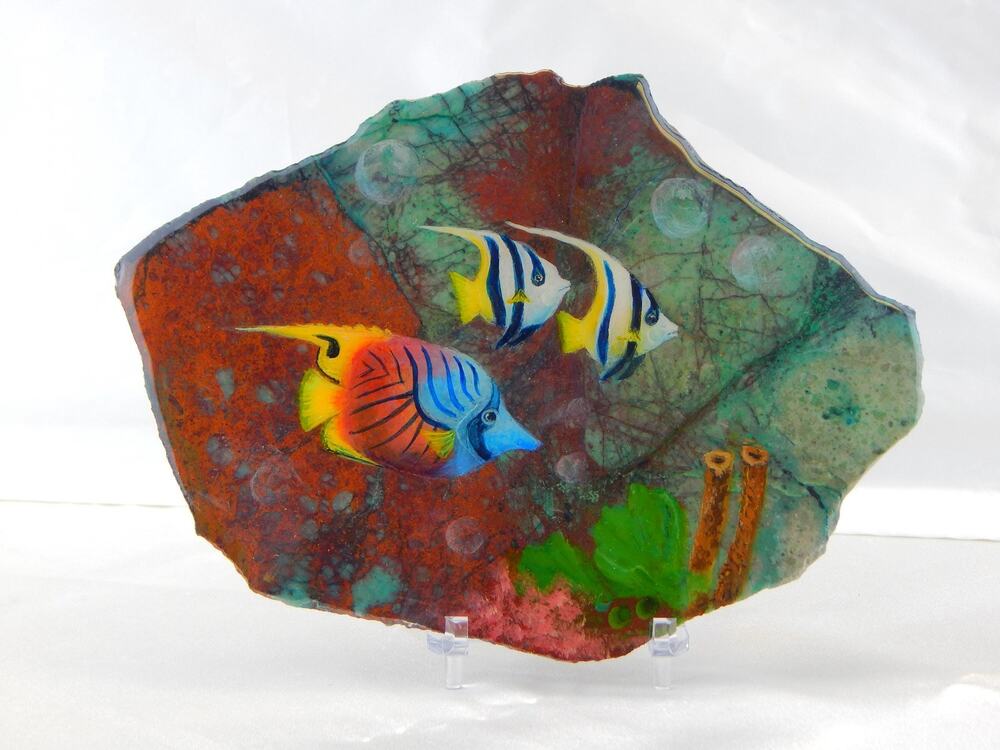 Fish on Chrysocolla & Cuprite Stone Slice, Art Home Decor
